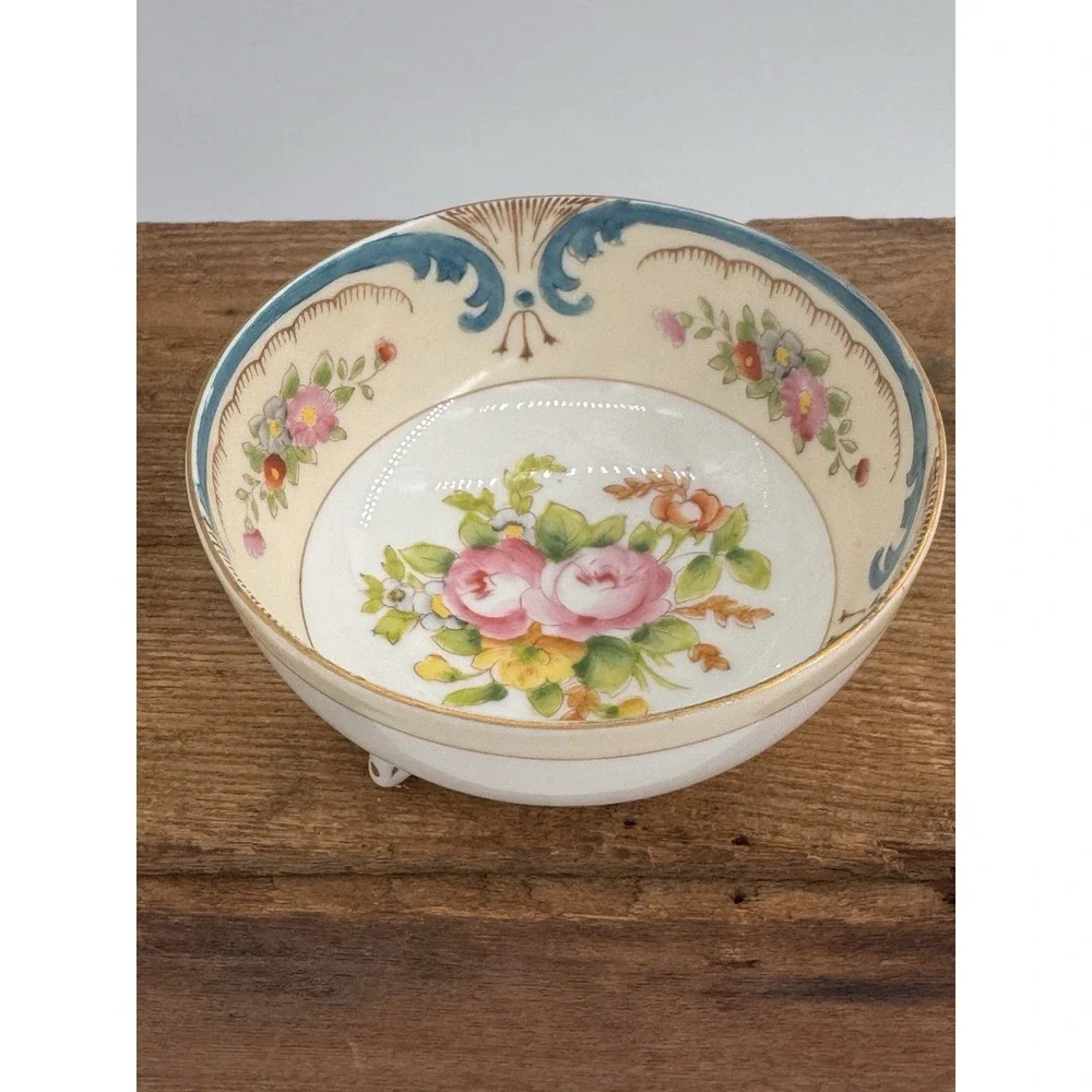 Noritake Hand Painted‎ Footed Bowl w/Ladle Floral Gold Trim Japan Set Vintage